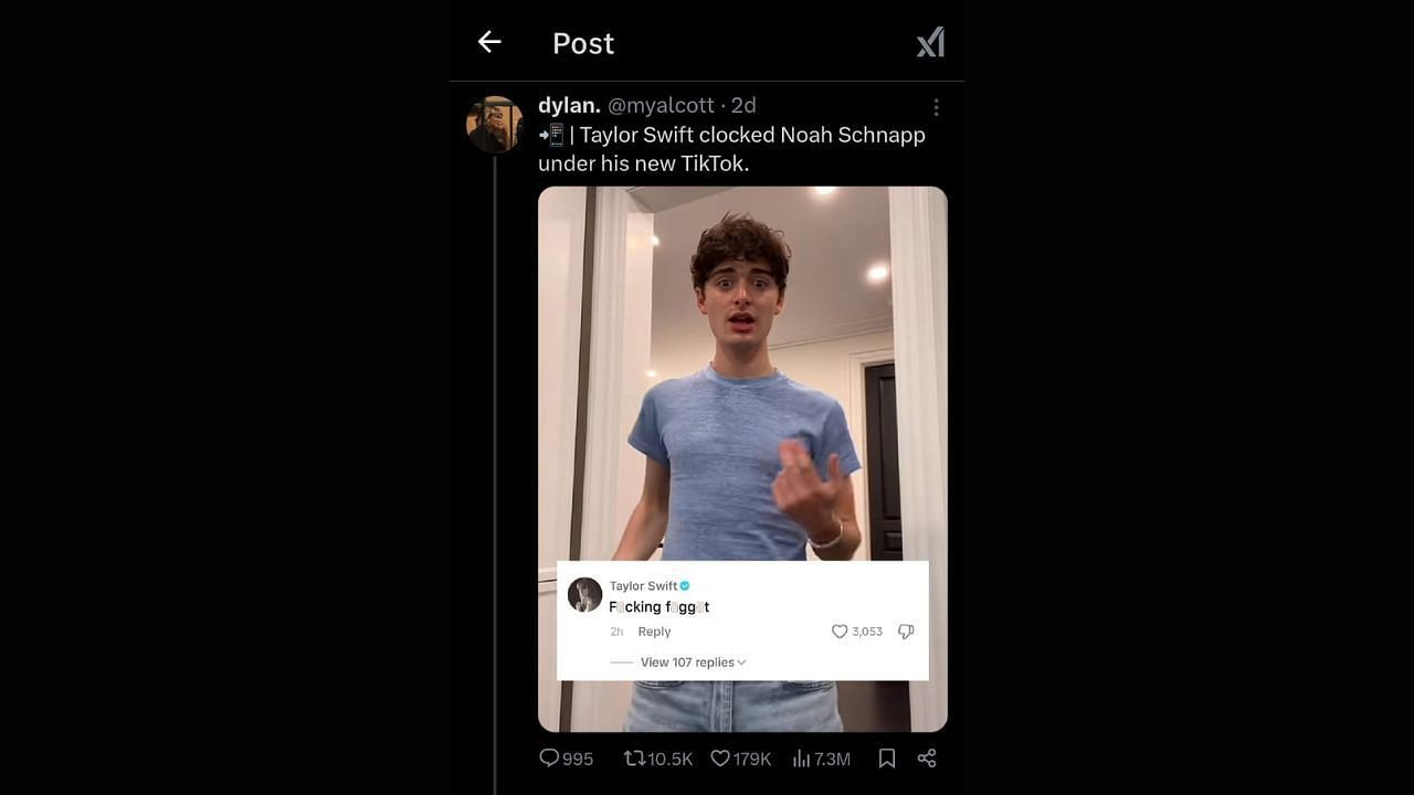 Taylor Swift's alleged comments under Noah Schnapp's TikTok post (image via X/@myalcott)